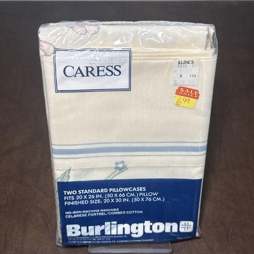 NEW NOS Burlington Caress No Iron Standard Pillowcases Cream Floral Made in USA